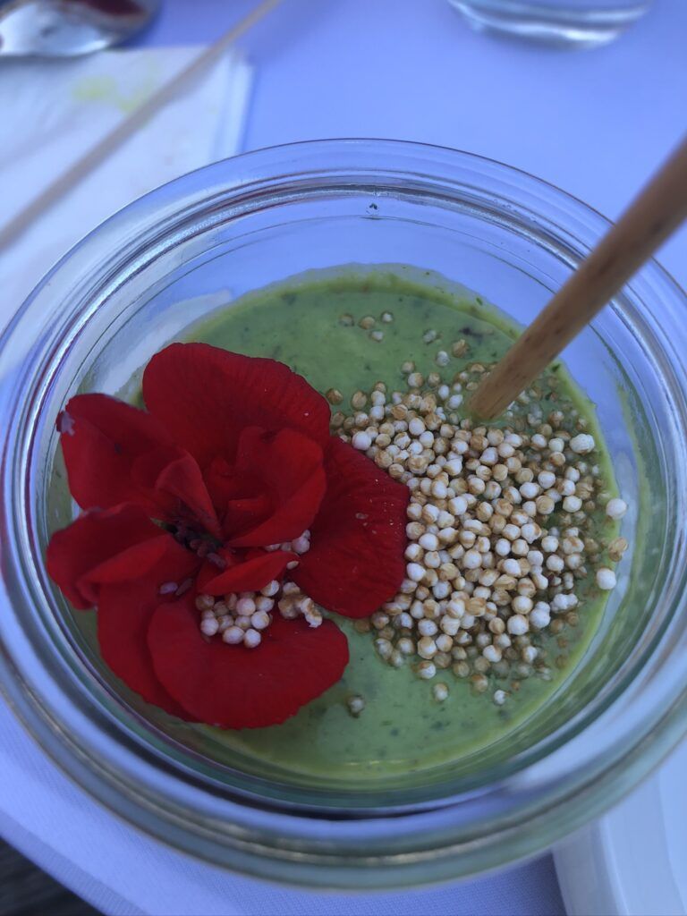 Ein Glas grüner Smoothie mit einer roten Blume darin.