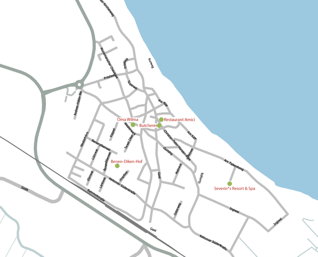 Eine Karte, die Standorte für den Genusspfad in Keitum zeigt zeigt.